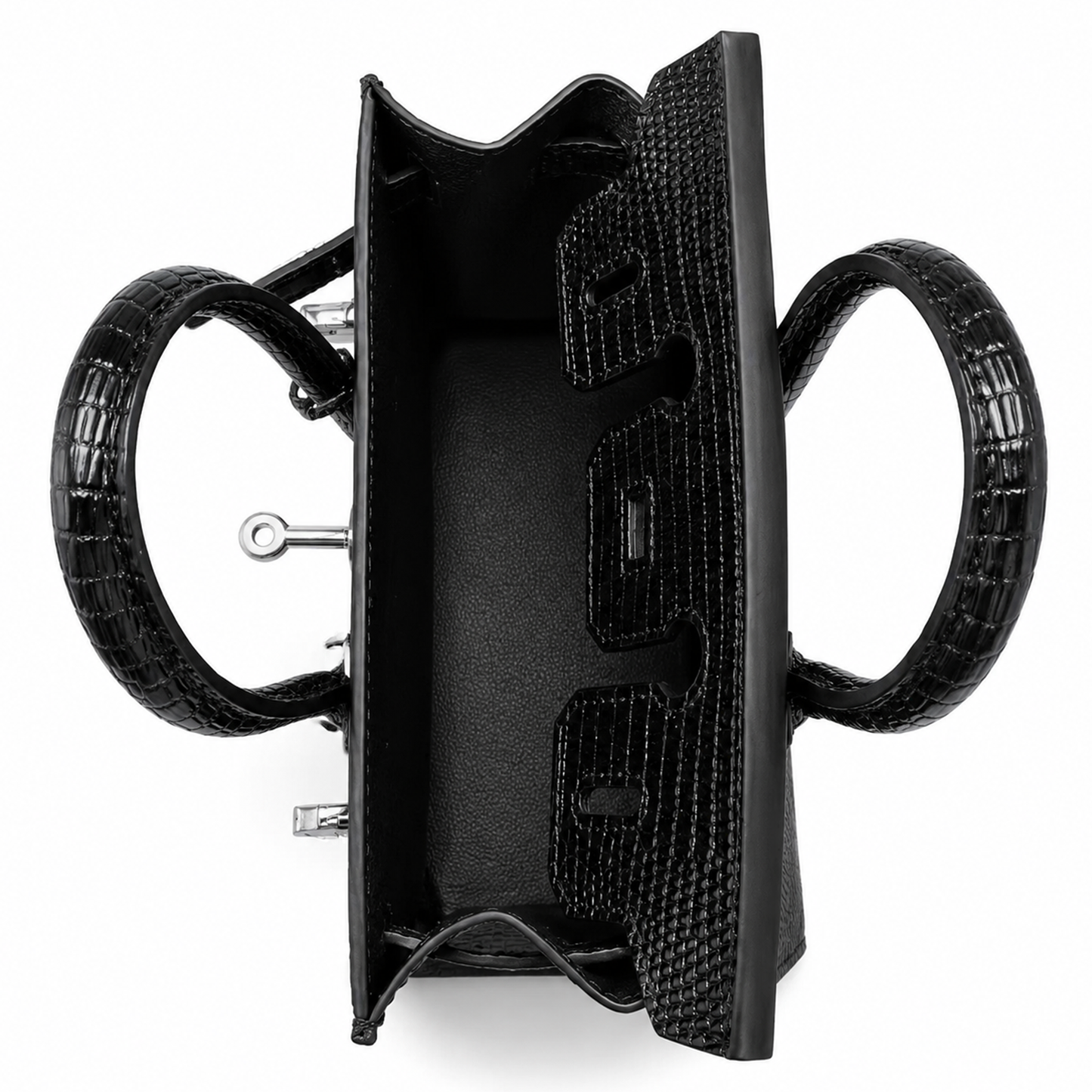 Jet Black Grid Textured Rigid Trapezoid Mini Tote With Polished Silver Rotating Lock Hardware And Matching Detailing Accessories