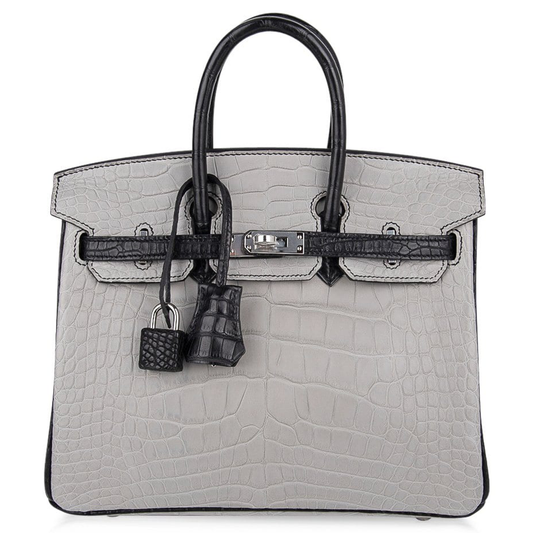Pale Ash Grey Glossy Black Contrast Compact Trapezoid Hand Tote With Polished Silvery Twist Lock Hardware And Matching Textured Suspended Padlock Charm