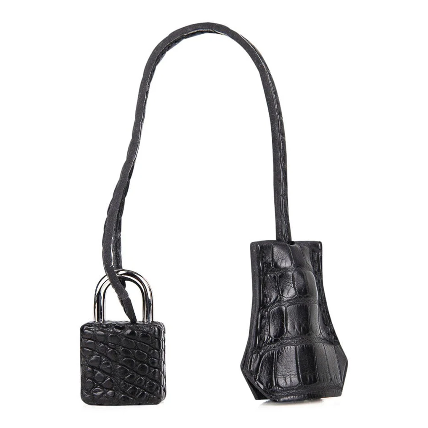 Pale Ash Grey Glossy Black Contrast Compact Trapezoid Hand Tote With Polished Silvery Twist Lock Hardware And Matching Textured Suspended Padlock Charm