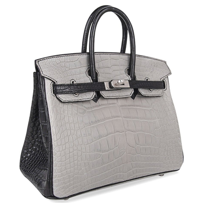 Pale Ash Grey Glossy Black Contrast Compact Trapezoid Hand Tote With Polished Silvery Twist Lock Hardware And Matching Textured Suspended Padlock Charm