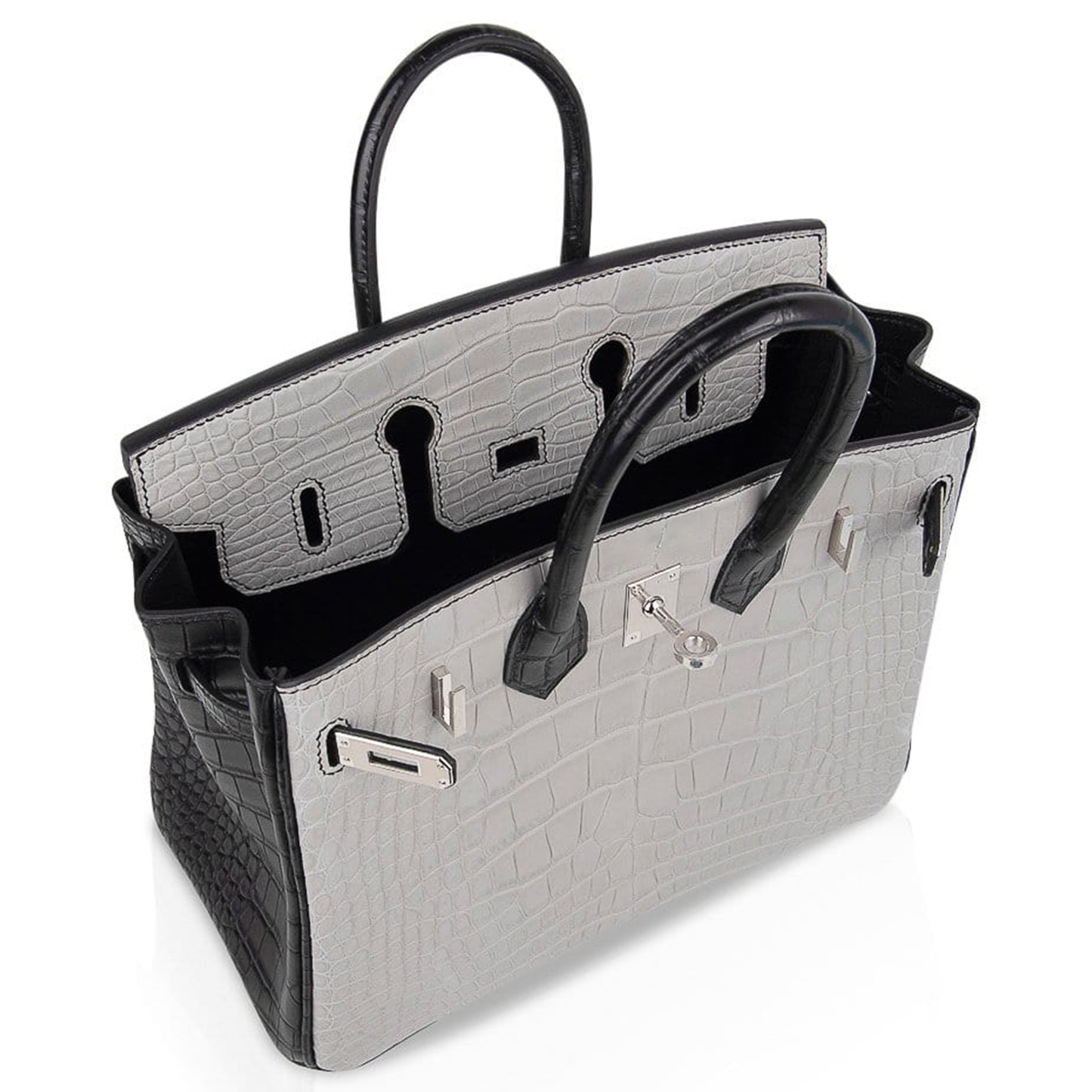 Pale Ash Grey Glossy Black Contrast Compact Trapezoid Hand Tote With Polished Silvery Twist Lock Hardware And Matching Textured Suspended Padlock Charm