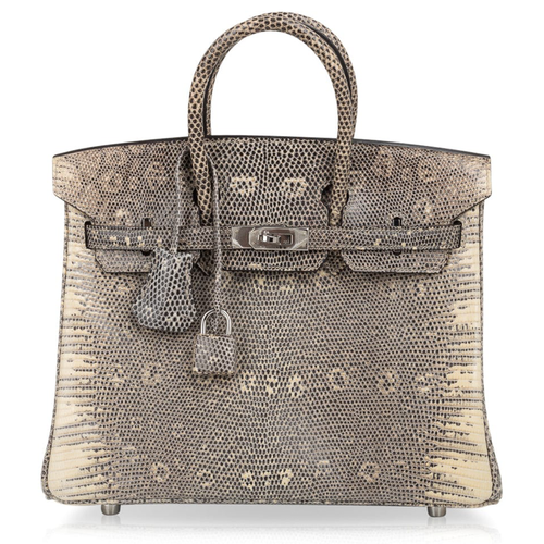 Gradient Ombre Neutral Scaled Textured Compact Trapezoid Hand Tote With Polished Silvery Twist Lock Hardware And Matching Patterned Suspended Metal Padlock Charm