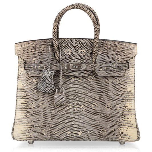 Gradient Ombre Neutral Scaled Textured Compact Trapezoid Hand Tote With Polished Silvery Twist Lock Hardware And Matching Patterned Suspended Metal Padlock Charm