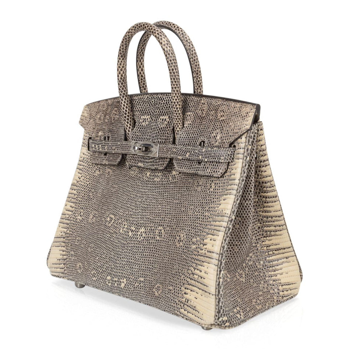 Gradient Ombre Neutral Scaled Textured Compact Trapezoid Hand Tote With Polished Silvery Twist Lock Hardware And Matching Patterned Suspended Metal Padlock Charm