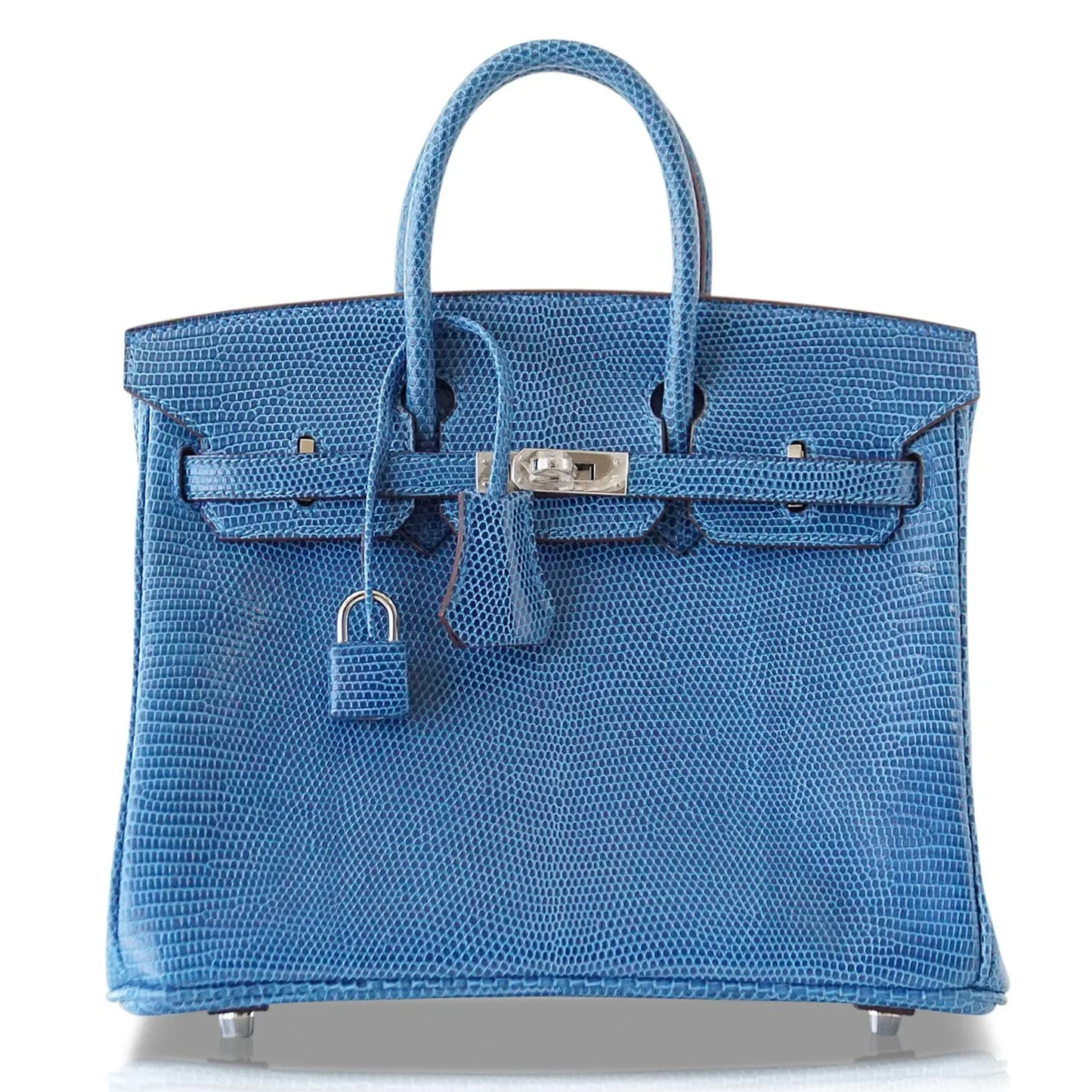 Vivid Mediterranean Blue Fine Scaled Compact Structured Trapezoid Hand Tote With Sleek Cool Silvery Twist Lock Hardware And Matching Patterned Suspended Padlock Charm