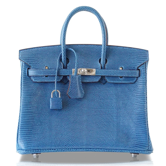 Vivid Mediterranean Blue Fine Scaled Compact Structured Trapezoid Hand Tote With Sleek Cool Silvery Twist Lock Hardware And Matching Patterned Suspended Padlock Charm