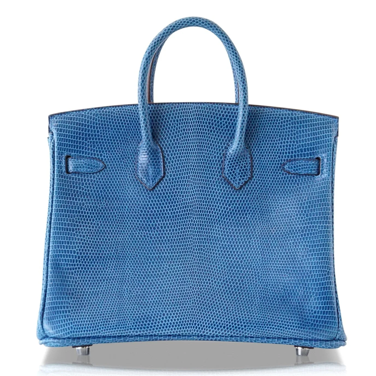 Vivid Mediterranean Blue Fine Scaled Compact Structured Trapezoid Hand Tote With Sleek Cool Silvery Twist Lock Hardware And Matching Patterned Suspended Padlock Charm