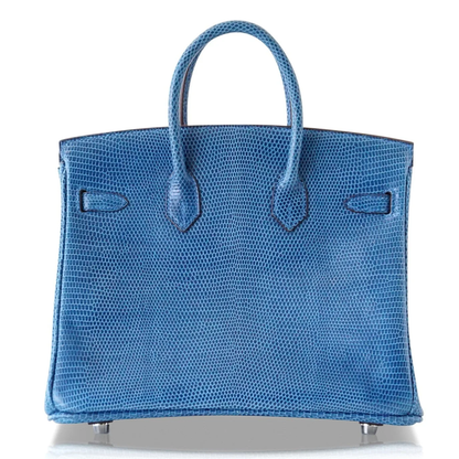 Vivid Mediterranean Blue Fine Scaled Compact Structured Trapezoid Hand Tote With Sleek Cool Silvery Twist Lock Hardware And Matching Patterned Suspended Padlock Charm