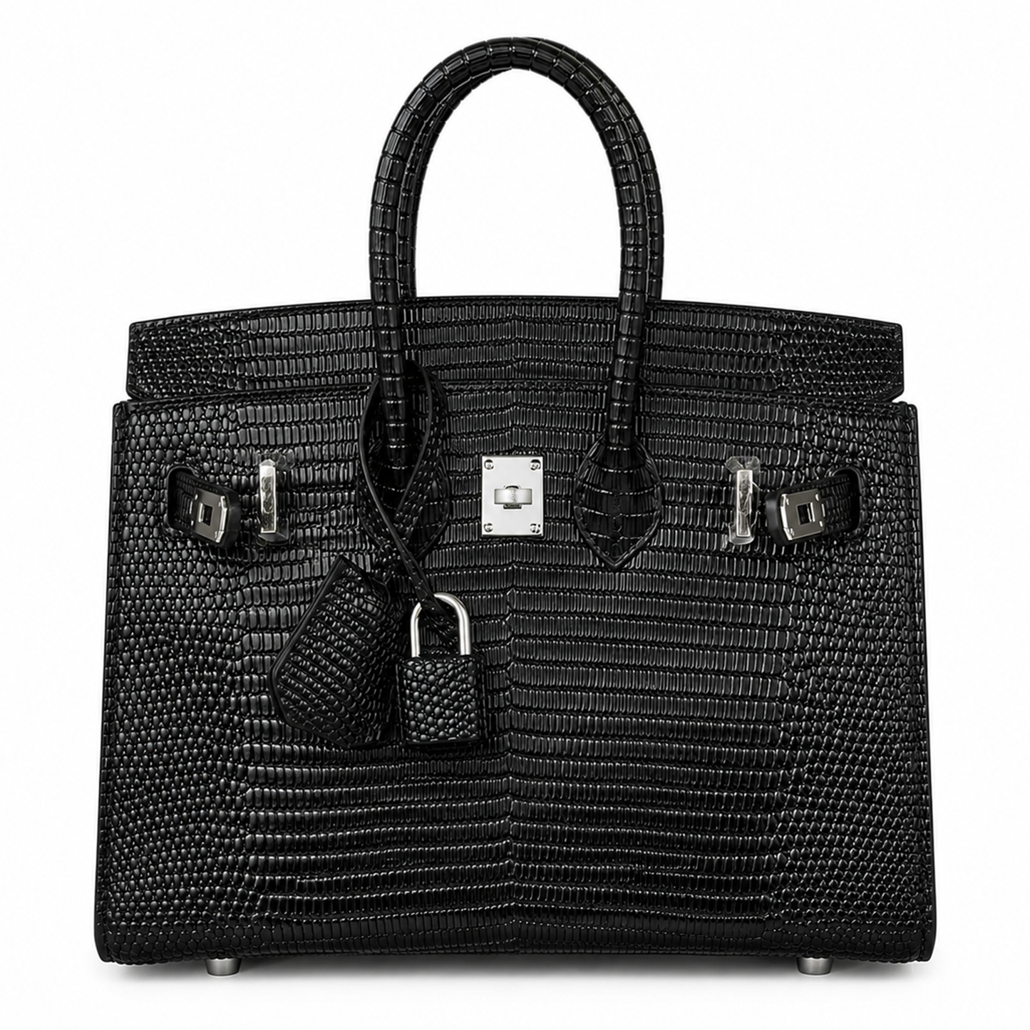Jet Black Grid Textured Rigid Trapezoid Mini Tote With Polished Silver Rotating Lock Hardware And Matching Detailing Accessories