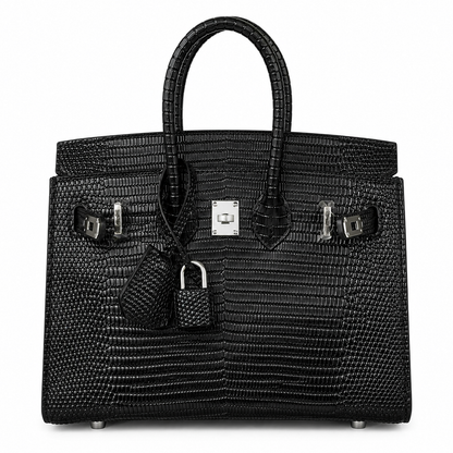 Jet Black Grid Textured Rigid Trapezoid Mini Tote With Polished Silver Rotating Lock Hardware And Matching Detailing Accessories