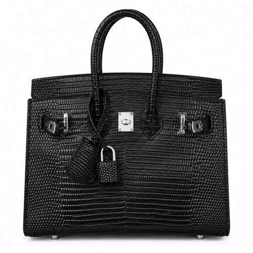Jet Black Grid Textured Rigid Trapezoid Mini Tote With Polished Silver Rotating Lock Hardware And Matching Detailing Accessories