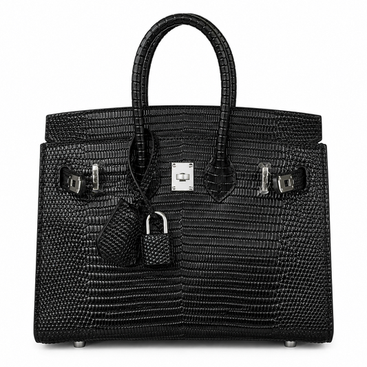 Jet Black Grid Textured Rigid Trapezoid Mini Tote With Polished Silver Rotating Lock Hardware And Matching Detailing Accessories