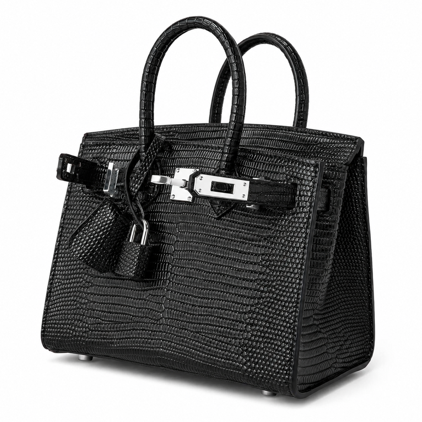 Jet Black Grid Textured Rigid Trapezoid Mini Tote With Polished Silver Rotating Lock Hardware And Matching Detailing Accessories