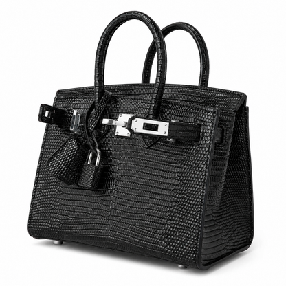 Jet Black Grid Textured Rigid Trapezoid Mini Tote With Polished Silver Rotating Lock Hardware And Matching Detailing Accessories