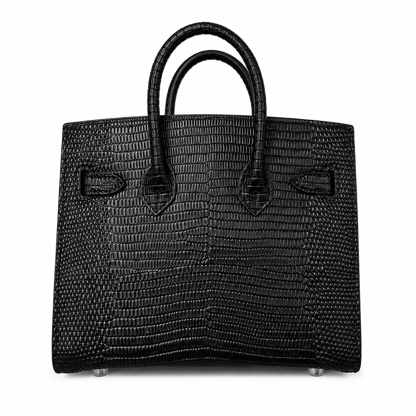 Jet Black Grid Textured Rigid Trapezoid Mini Tote With Polished Silver Rotating Lock Hardware And Matching Detailing Accessories