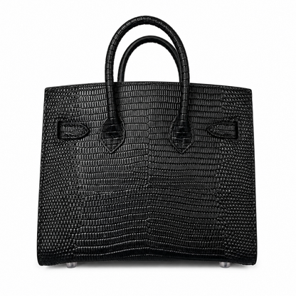 Jet Black Grid Textured Rigid Trapezoid Mini Tote With Polished Silver Rotating Lock Hardware And Matching Detailing Accessories