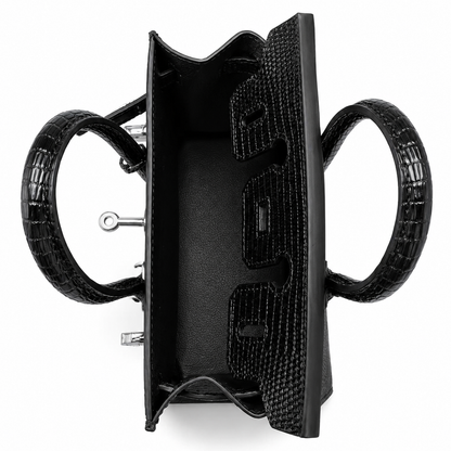 Jet Black Grid Textured Rigid Trapezoid Mini Tote With Polished Silver Rotating Lock Hardware And Matching Detailing Accessories